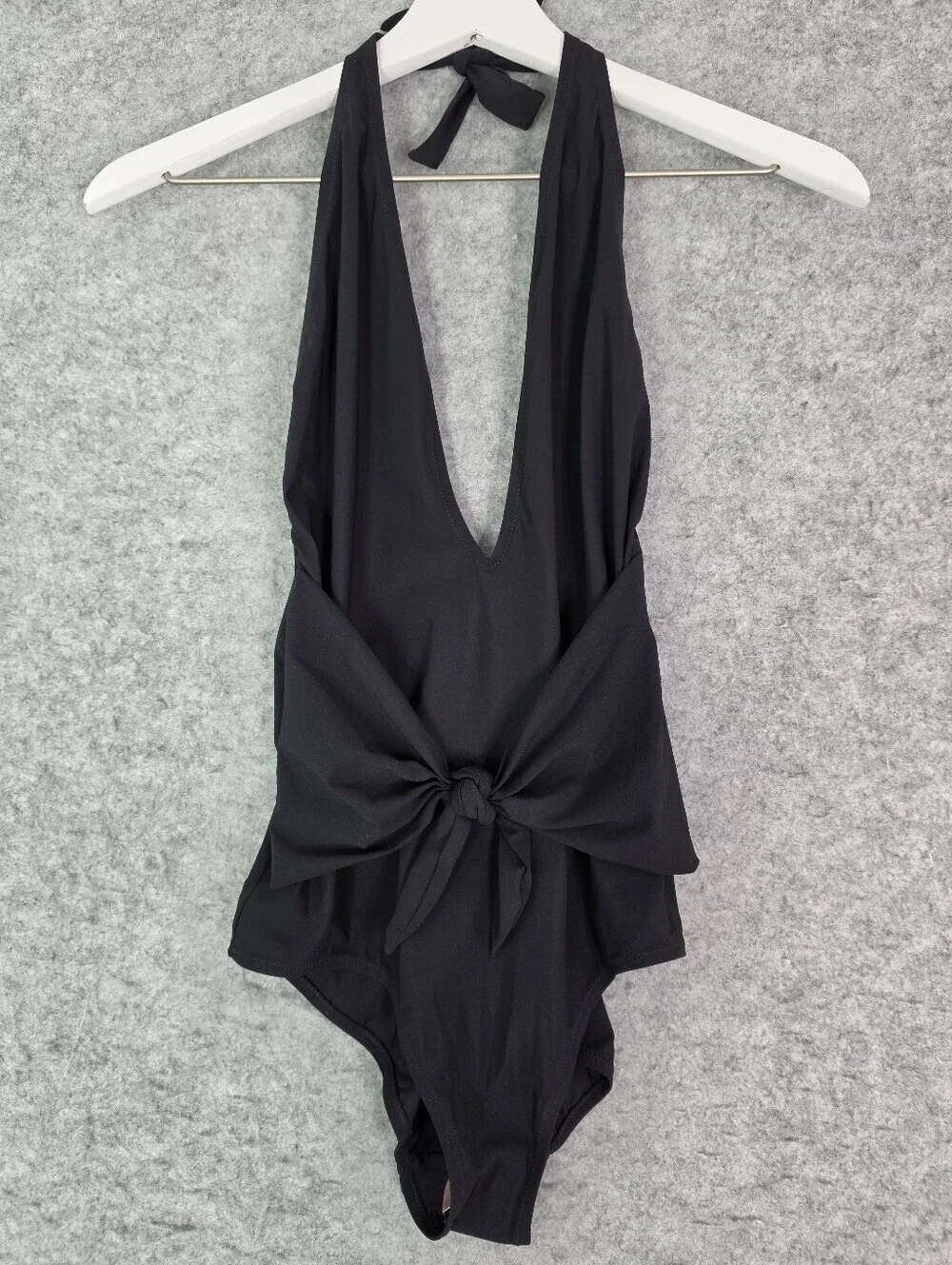Tory Burch Solid Black Front Tie Halter One-Piece Plunge Swimsuit